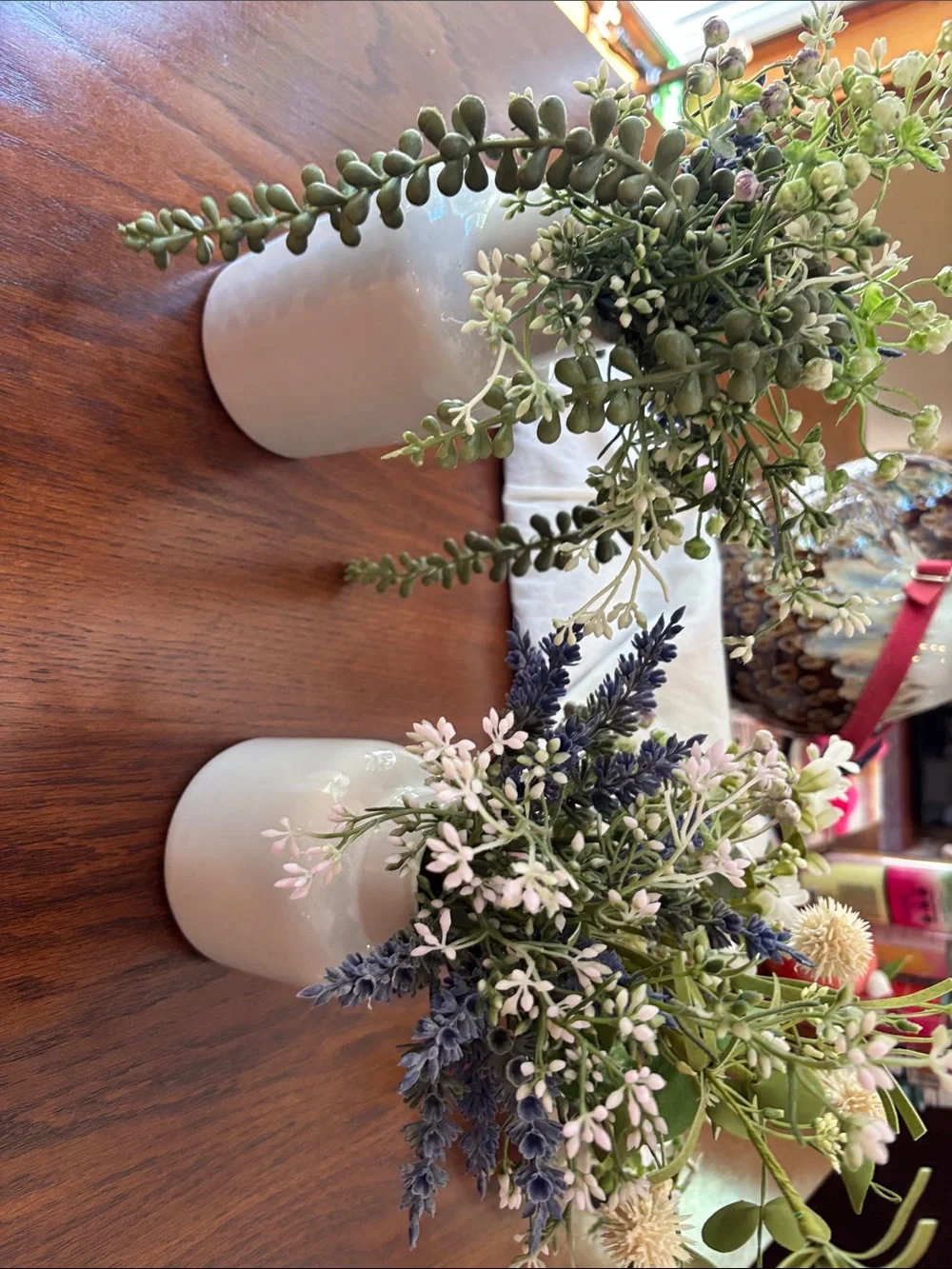 Neutral Ceramic Vase with Green and Purple Faux Floral Arrangement